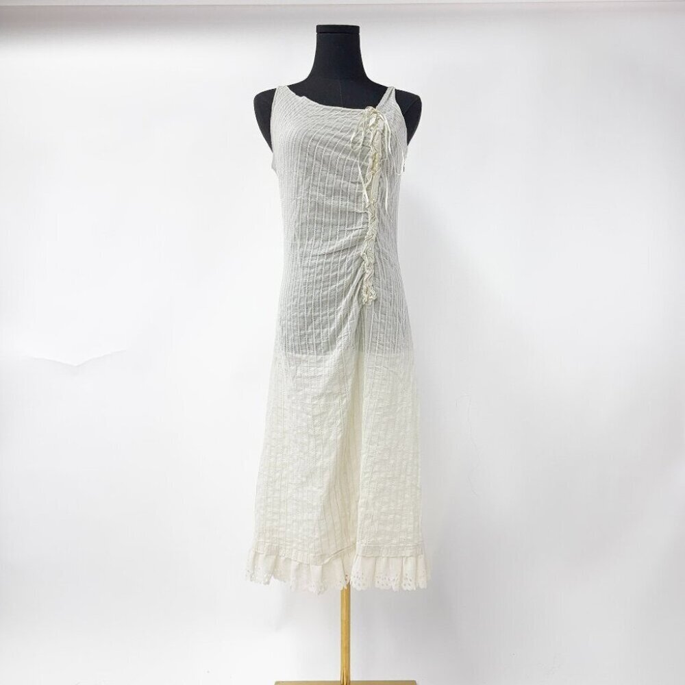 VINTAGE 90S STYLE SHEER CREAM DRESS WITH GATHERED DETAILS AND RUFFLE DETAILS